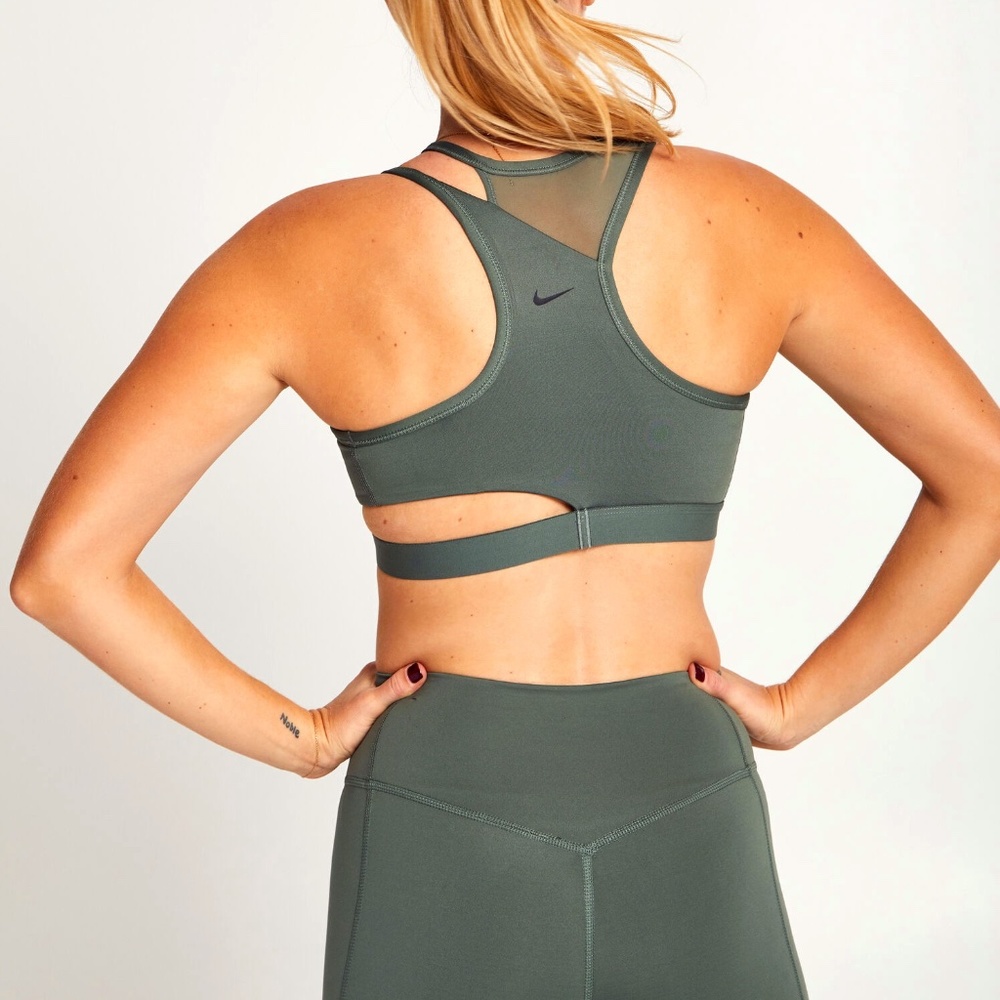 NWT Nike Rebel Slash Swoosh Army Green Bra